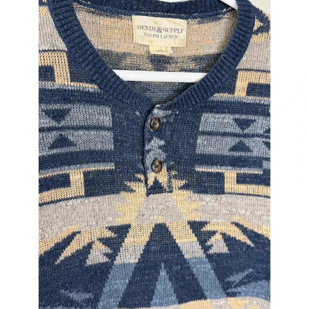 Denim & Supply Ralph Lauren Henley Sweater L Blue Southwestern Cotton Heritage